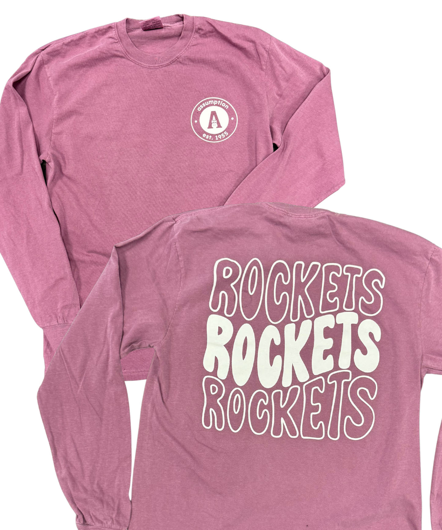 Long Sleeve T-Shirt - Berry - Comfort Colors - Rockets Repeat Pocket Circle