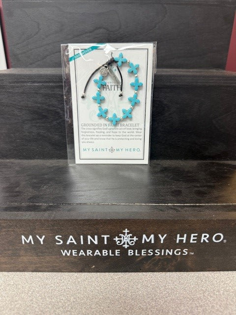 MY SAINT MY HERO-GROUNDED IN FAITH CROSS BRACELET/BLUE & SILVER