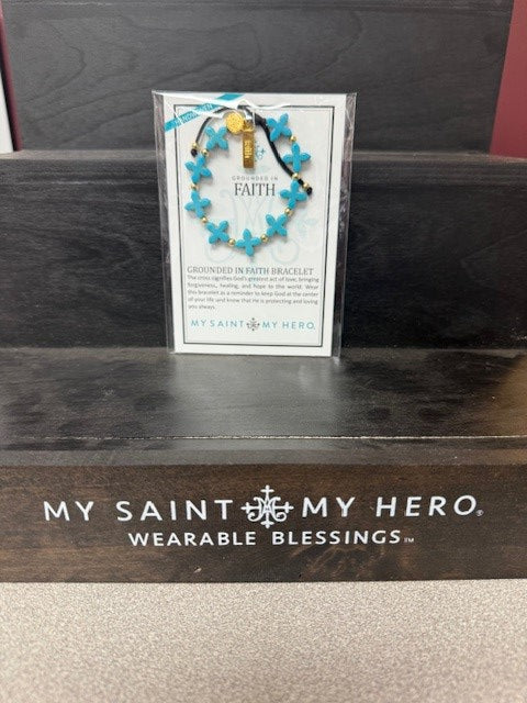 MY SAINT MY HERO-GROUNDED IN FAITH CROSS BRACELET/BLUE & GOLD
